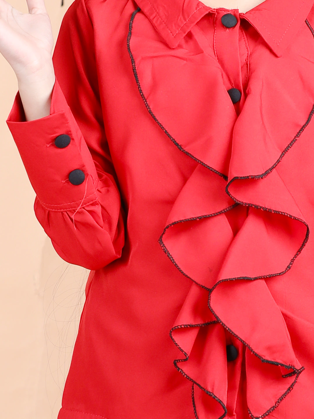 Cutiekins Polyester Front Frill Full Sleeves Top -Red & Black