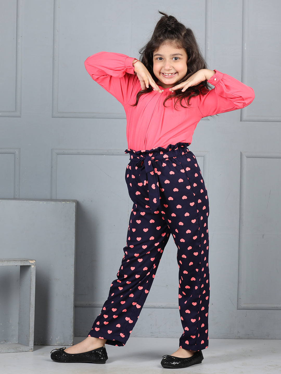 Cutiekins Girls Solid Embellished Top With Printed Trouser -Coral & Dark blue