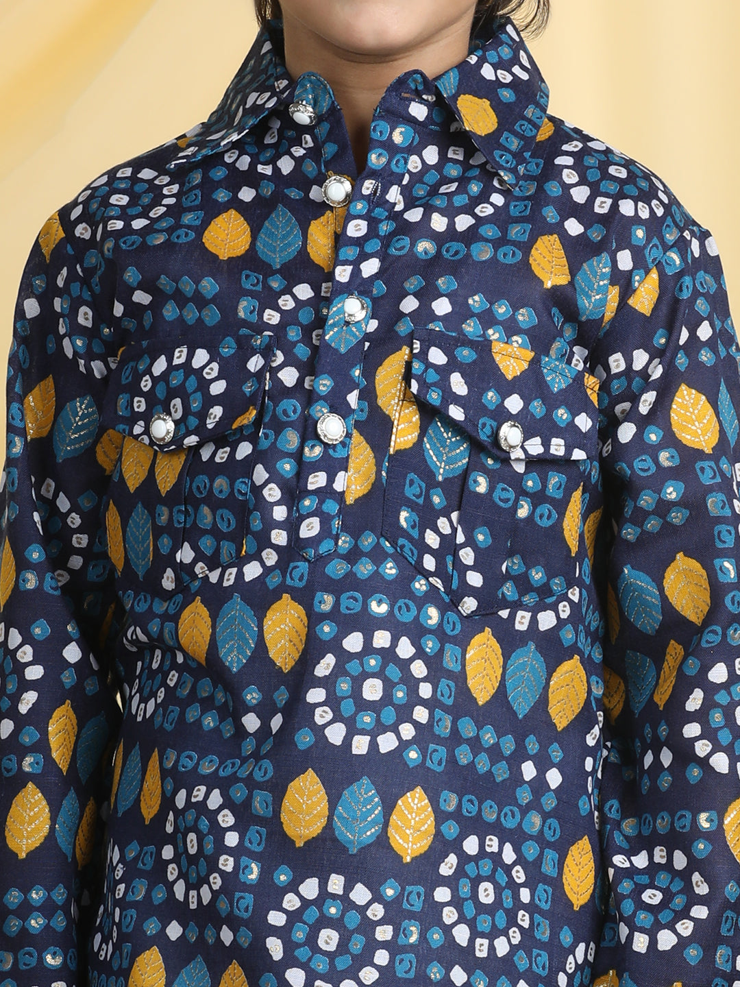 Cutiekins Boys Tropical Print Shirt Collar Kurta with Pajama -Dark Blue & White