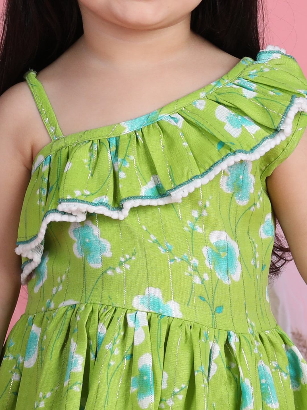 Cutiekins One Shoulder Printed Flared Dress-Green & White