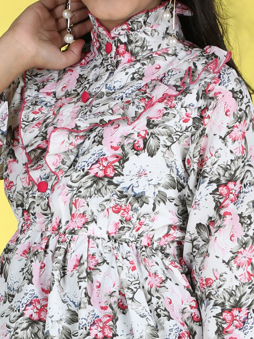 Cutiekins Mandarin Collar Printed Flared Dress-White & Pink