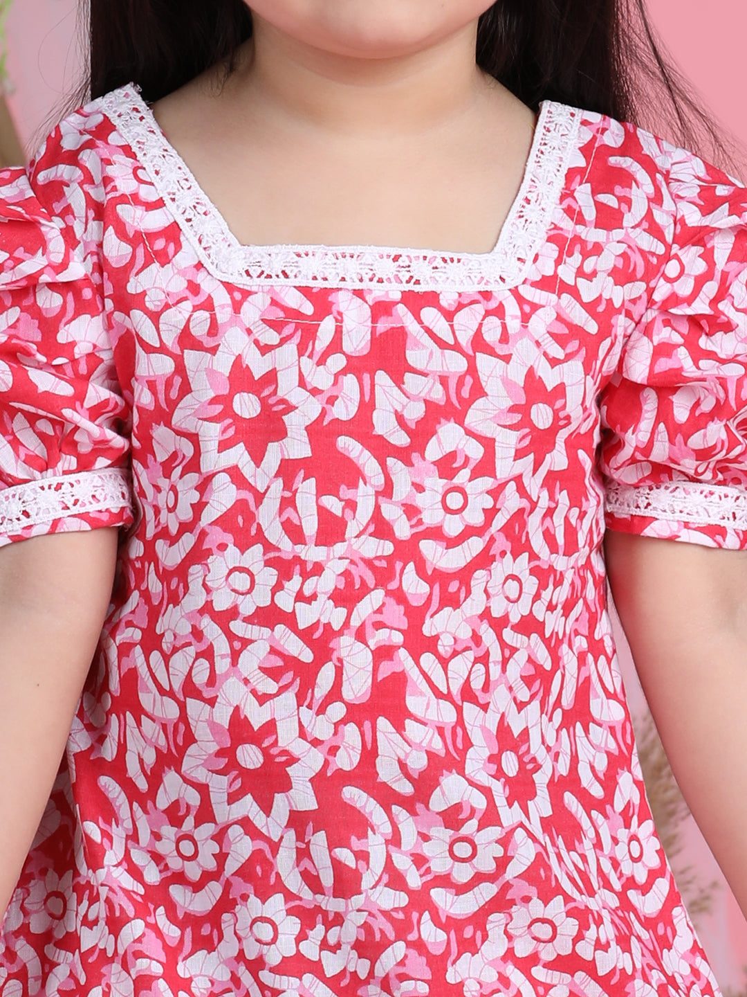 Cutiekins Square Neck Printed Flared Dress-Pink & White