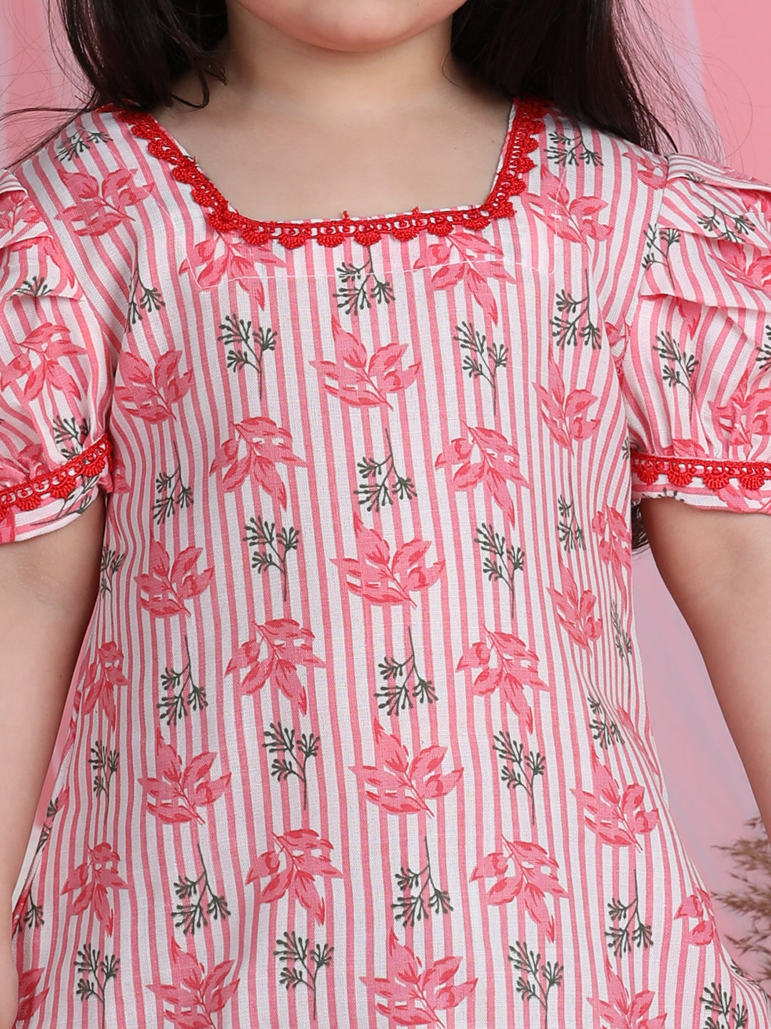 Cutiekins Square Neck Printed Flared Dress-Pink & White