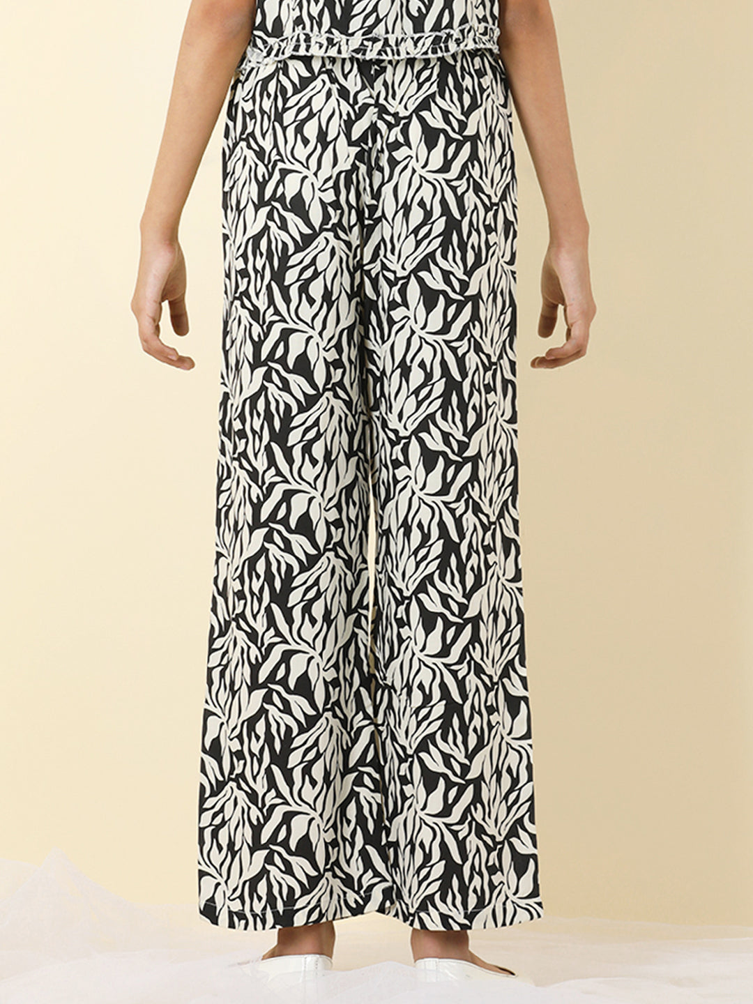 Cutiekins Girls Rayon Tropical Print Palazzo -Off White & Black