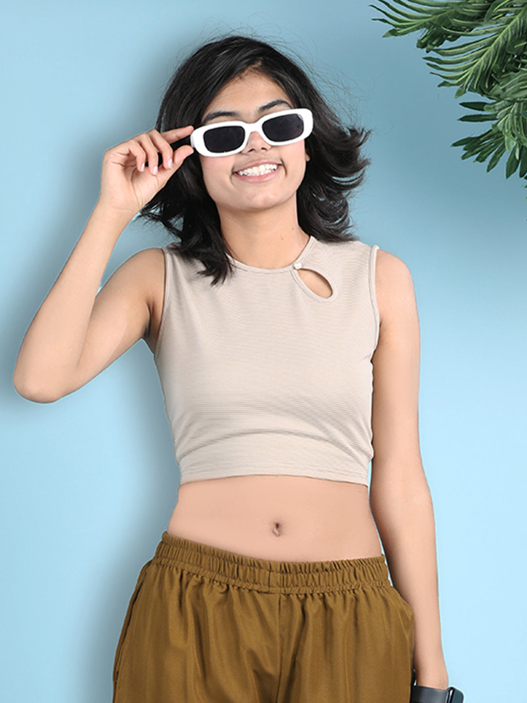 Cutiekins Girls Solid Embellished Stylish Crop Top -Beige