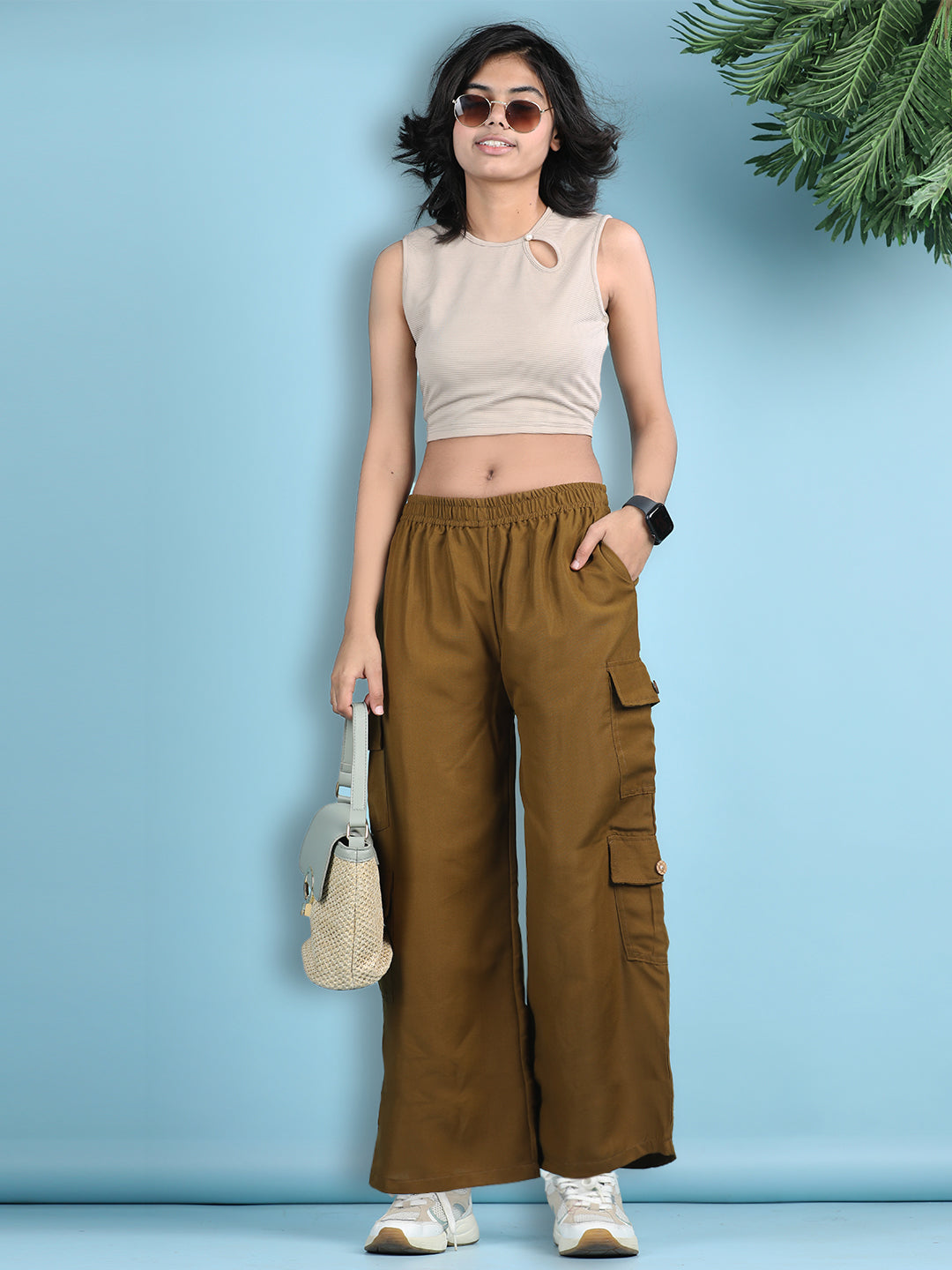 Cutiekins Girls Solid Embellished Top with Solid Cargo -Beige & Brown