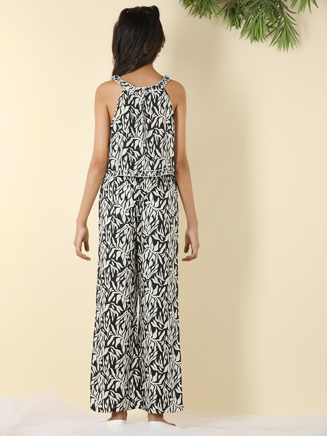 Cutiekins Girls Halter Neck Printed Top & Palazzo Clothing Set -Off White & Black