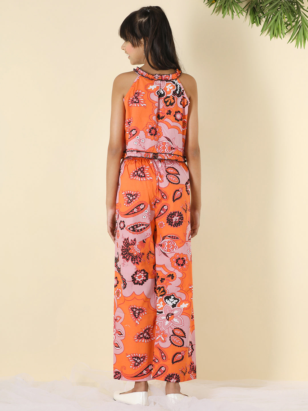 Cutiekins Girls Halter Neck Printed Top & Palazzo Clothing Set -Orange & Pink