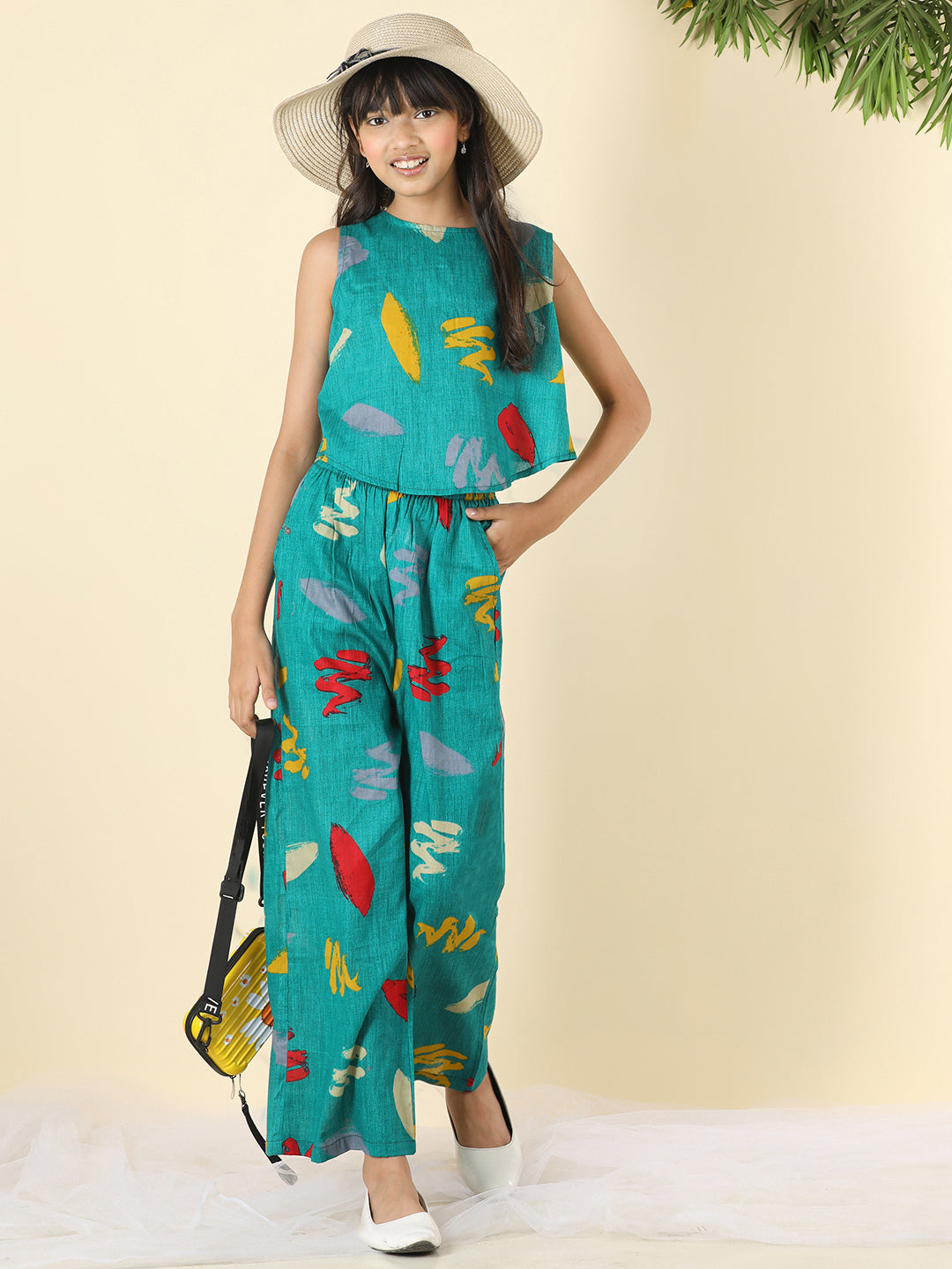 Cutiekins Girls Round Neck Printed Top & Palazzo Clothing Set -Rama Green & Yellow