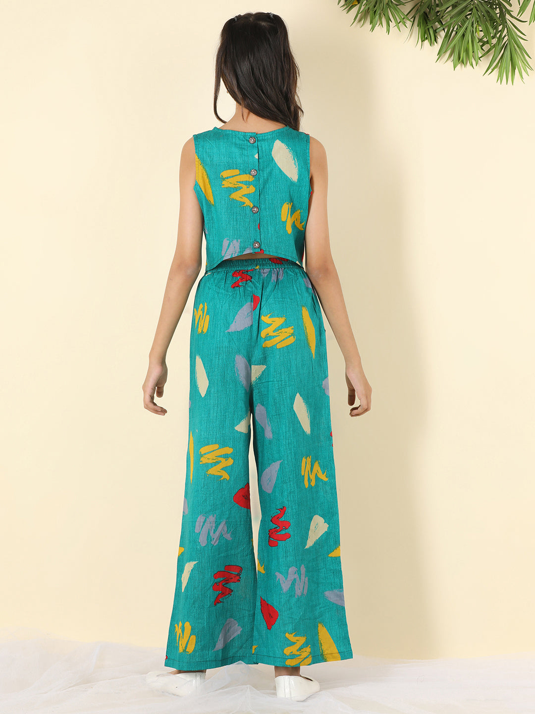 Cutiekins Girls Round Neck Printed Top & Palazzo Clothing Set -Rama Green & Yellow