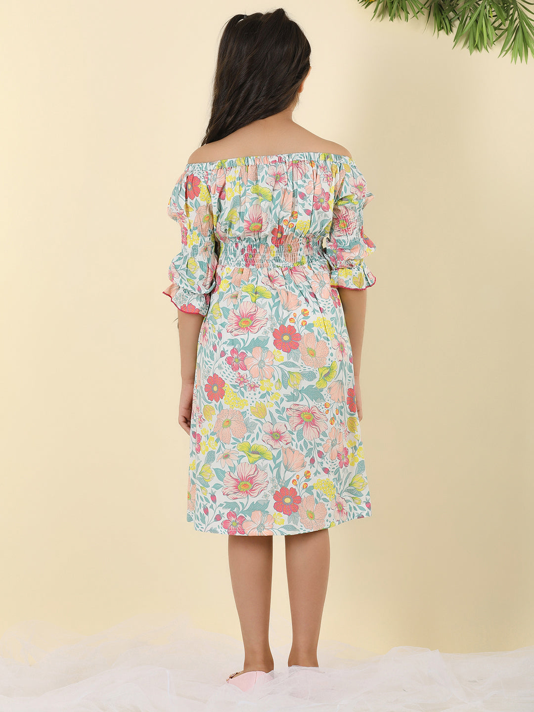 Cutiekins Girls Off Shoulder Floral Print Dress -White & Green