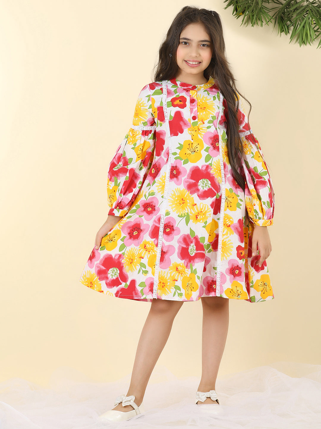 Cutiekins Girls Round Neck Floral Print Dress -White & Red