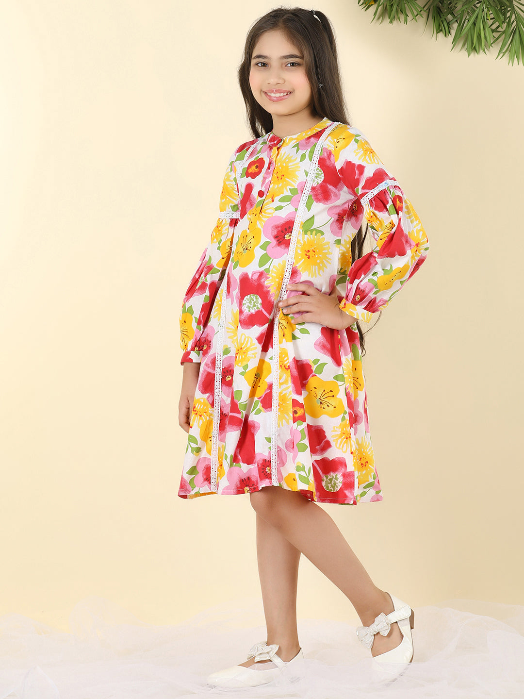 Cutiekins Girls Round Neck Floral Print Dress -White & Red