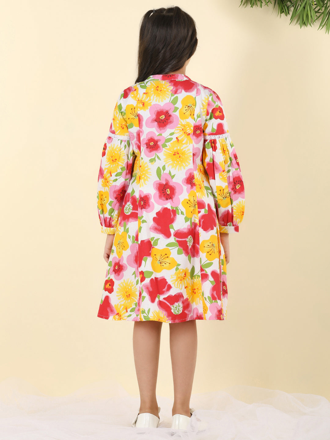 Cutiekins Girls Round Neck Floral Print Dress -White & Red