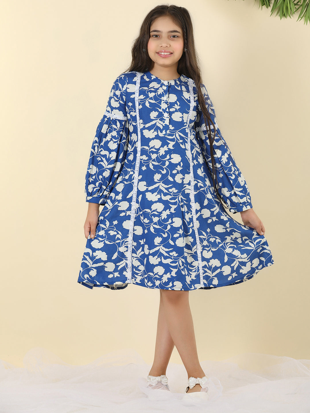 Cutiekins Girls Round Neck Tropical Print Dress -Dark Blue & White
