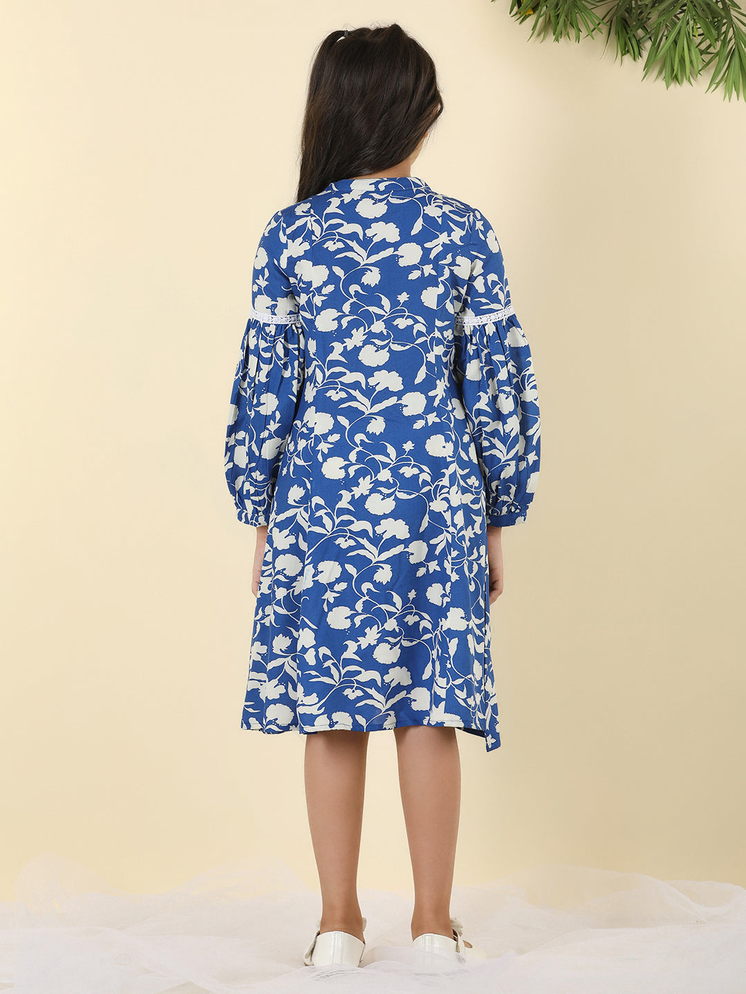 Cutiekins Girls Round Neck Tropical Print Dress -Dark Blue & White