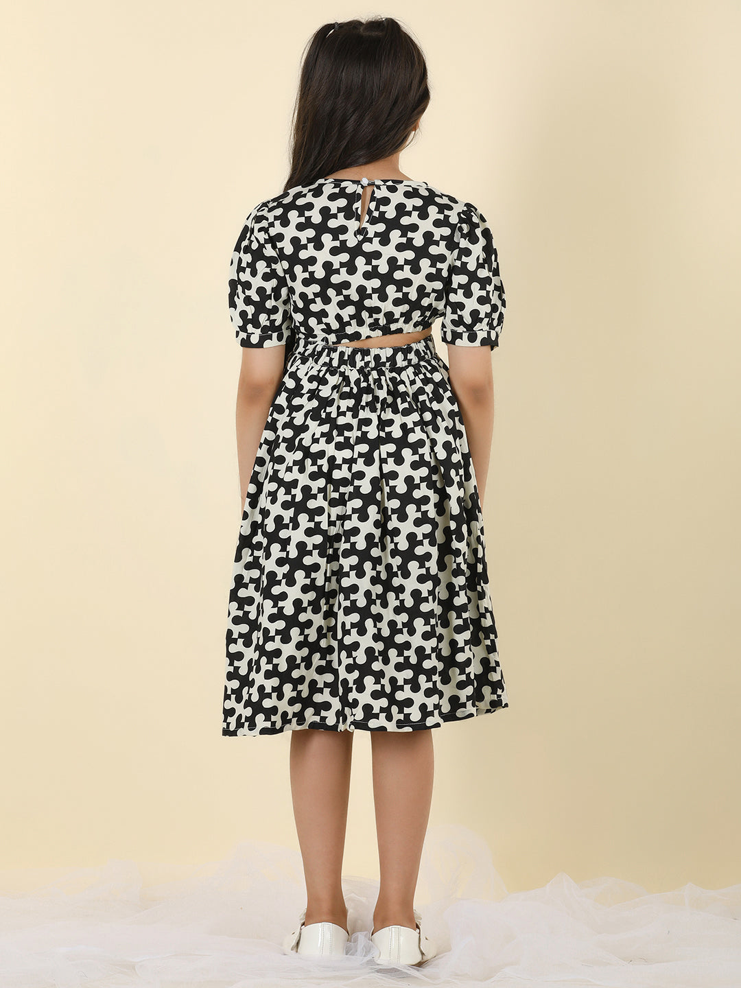 Cutiekins Girls Round-Neck Printed Dress -Off White & Black