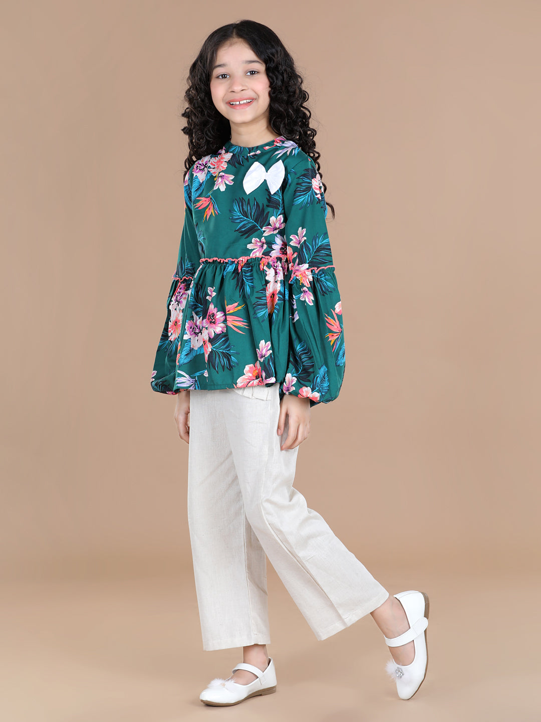 Cutiekins Green Floral Print Peplum Top & Linen Palazzo Set  - Green  & Off White