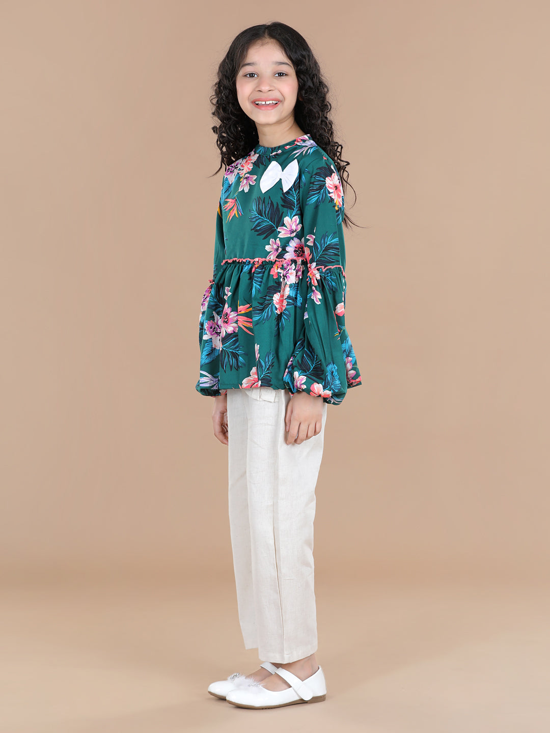 Cutiekins Green Floral Print Peplum Top & Linen Palazzo Set  - Green  & Off White