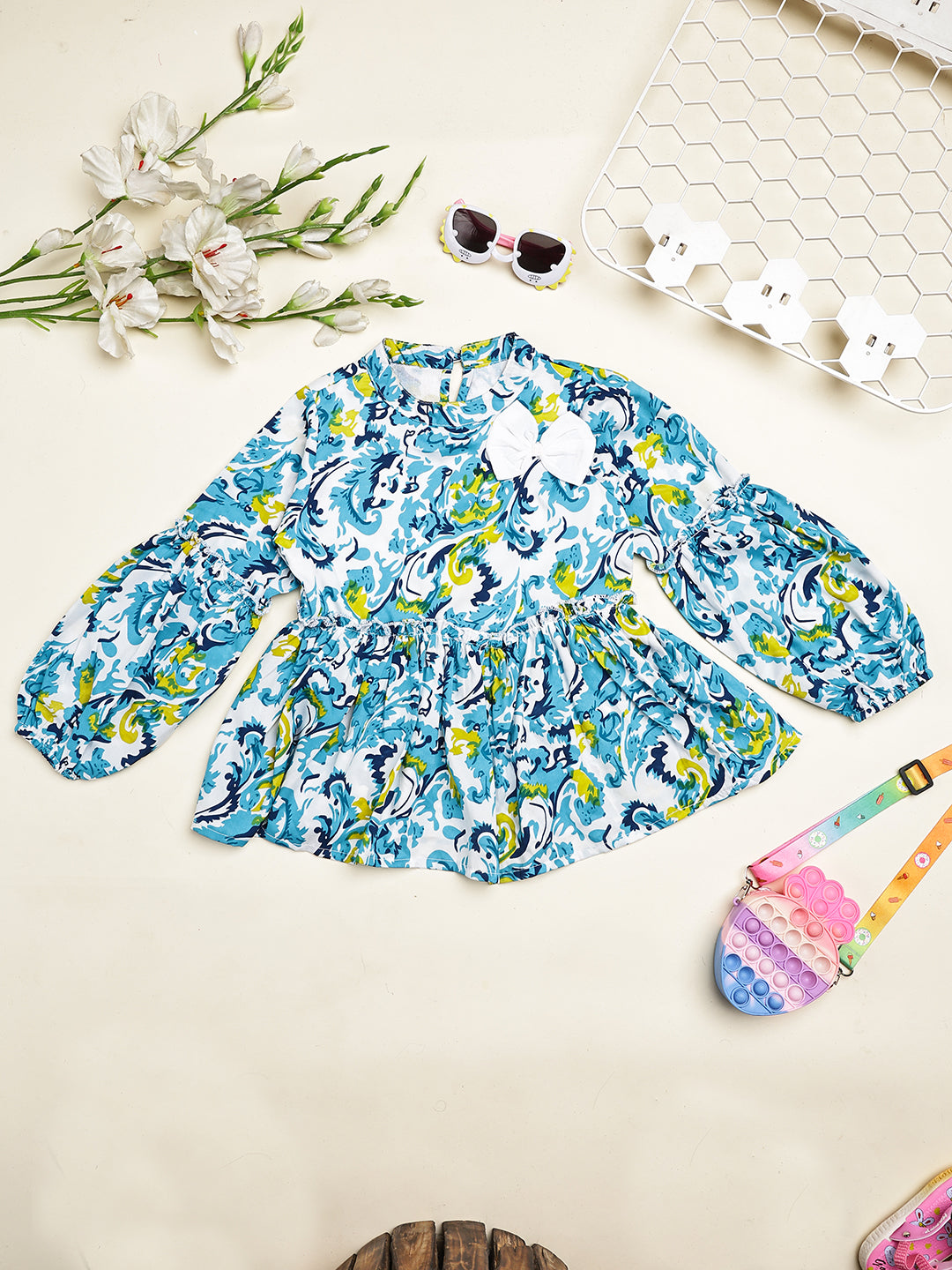 Cutiekins Girls Adorable Floral Print Casual Top -Off White & Turquoise Blue