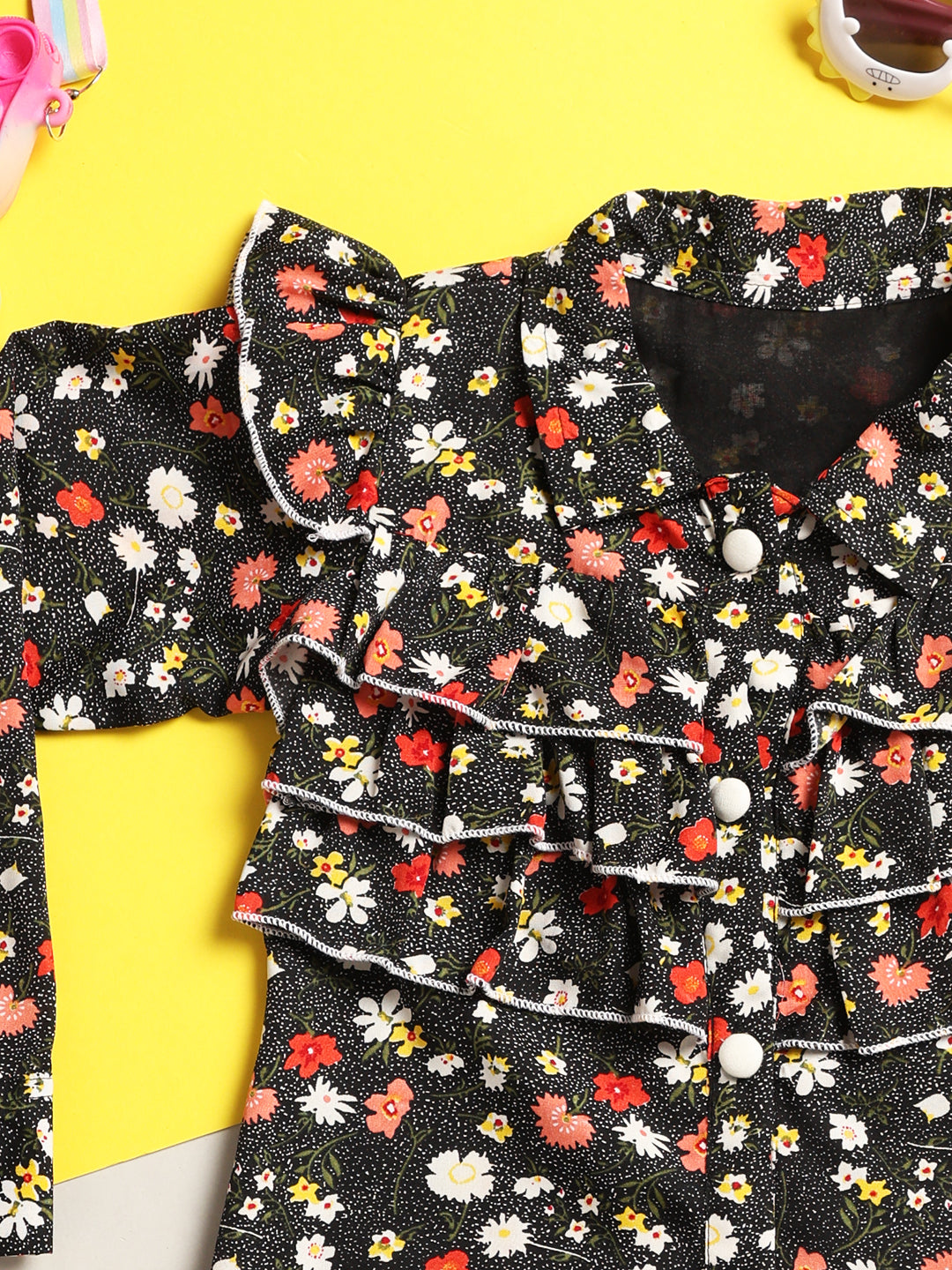 Cutiekins Girls Floral Print Ruffles Shirt Style Top -Black & Multi