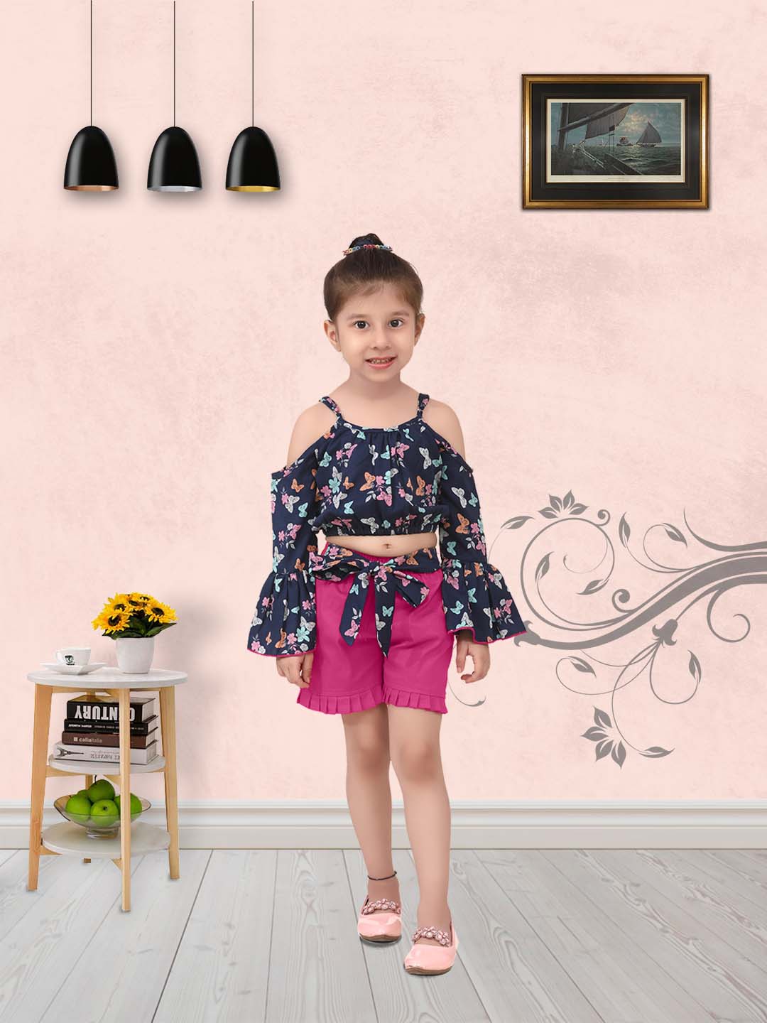 Girls Casual Polyester and Cotton Lycra Top & Short Set  (Dark Blue)