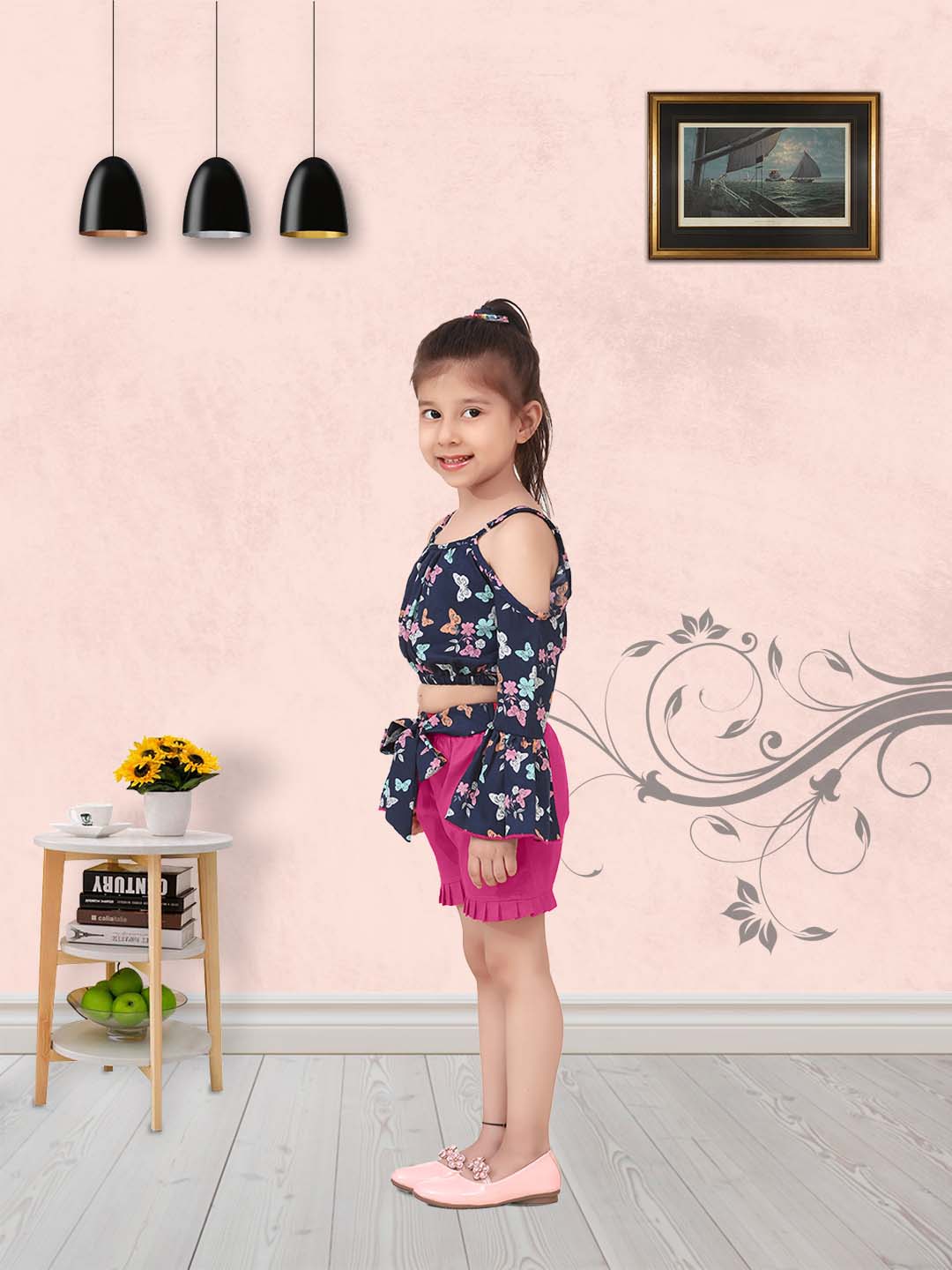 Girls Casual Polyester and Cotton Lycra Top & Short Set  (Dark Blue)