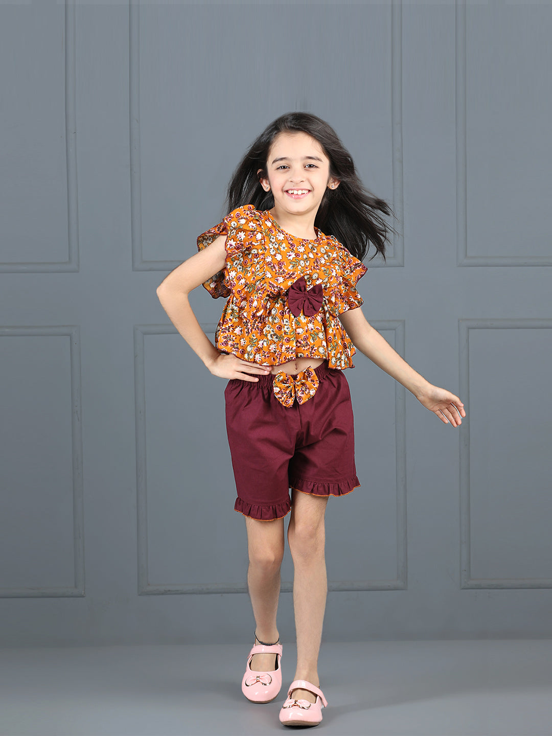Cutiekins Girls Floral Printed Embellished Top With Solid Shorts -Mustard & Wine