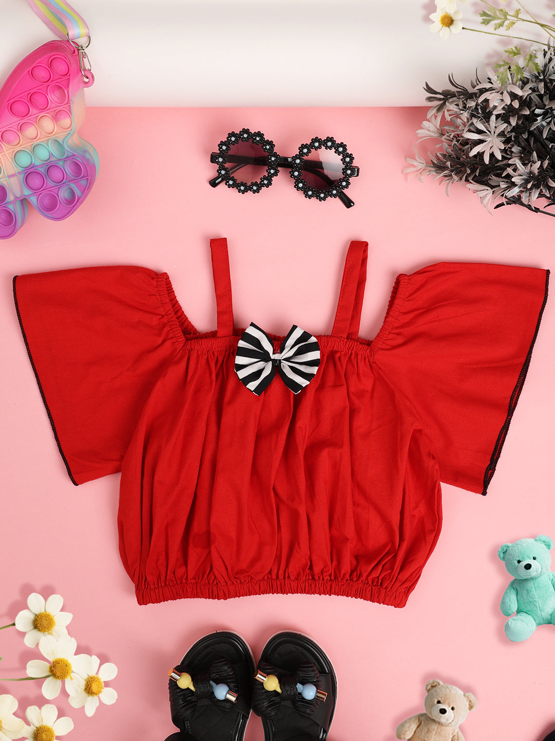 Cutiekins Girls Pure Cotton  Solid Embellished Crop Top -Red & Black