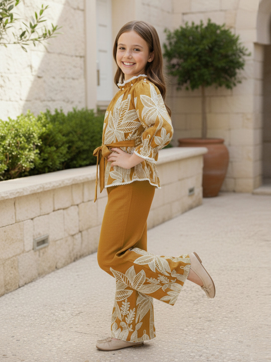 Cutiekins Girls Trendy Floral Print Peplum Top and Wide Leg Pants Co-Ord Set - Mustard & White