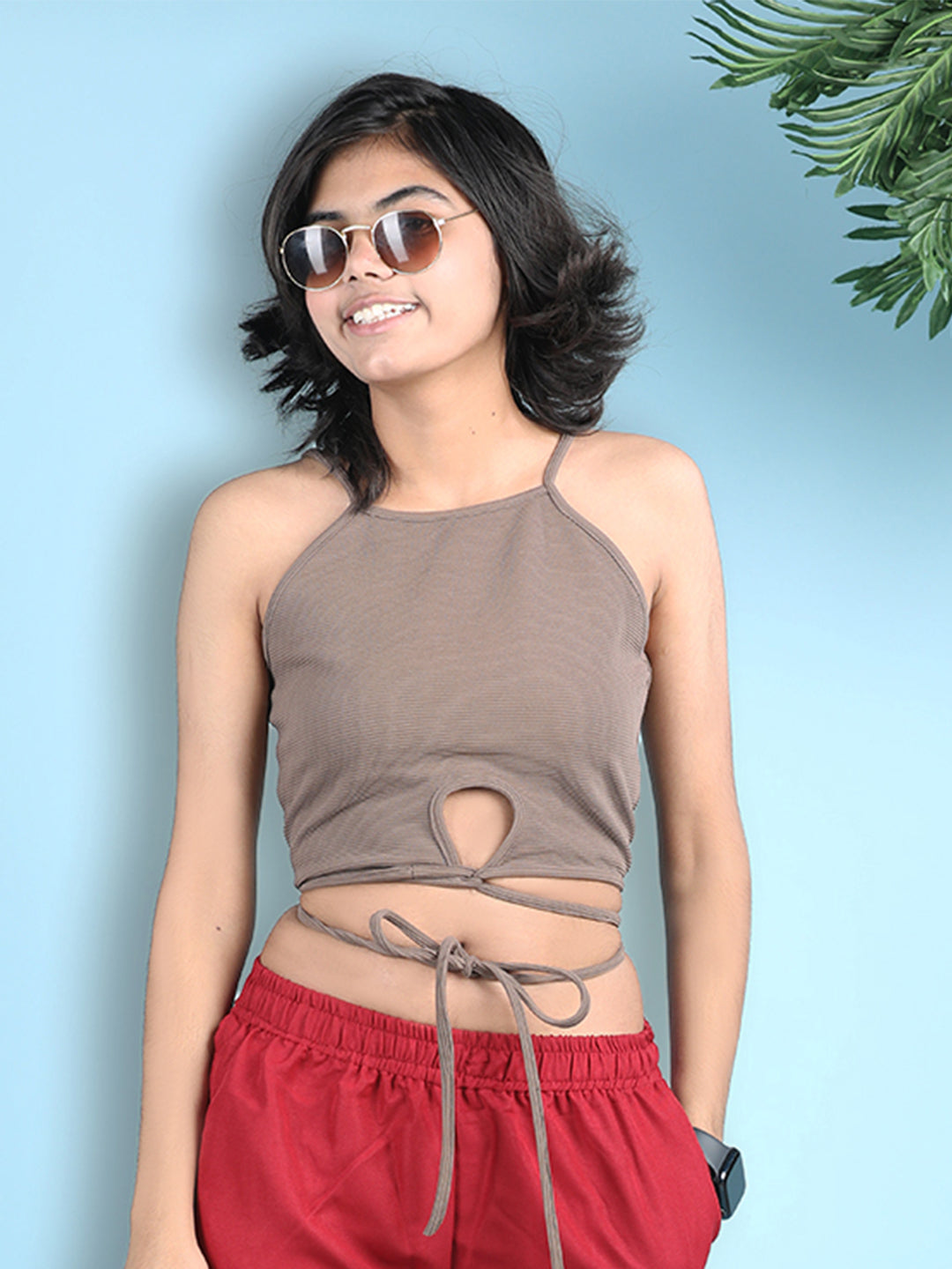 Cutiekins Girls Solid Embellished Stylish Tie-Ups Crop Top -Camel Brown