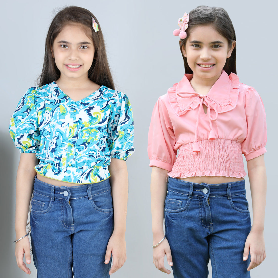 Cutiekins Pack Of 2 Printed V Neck Polyester Top-Sky Blue & Peach