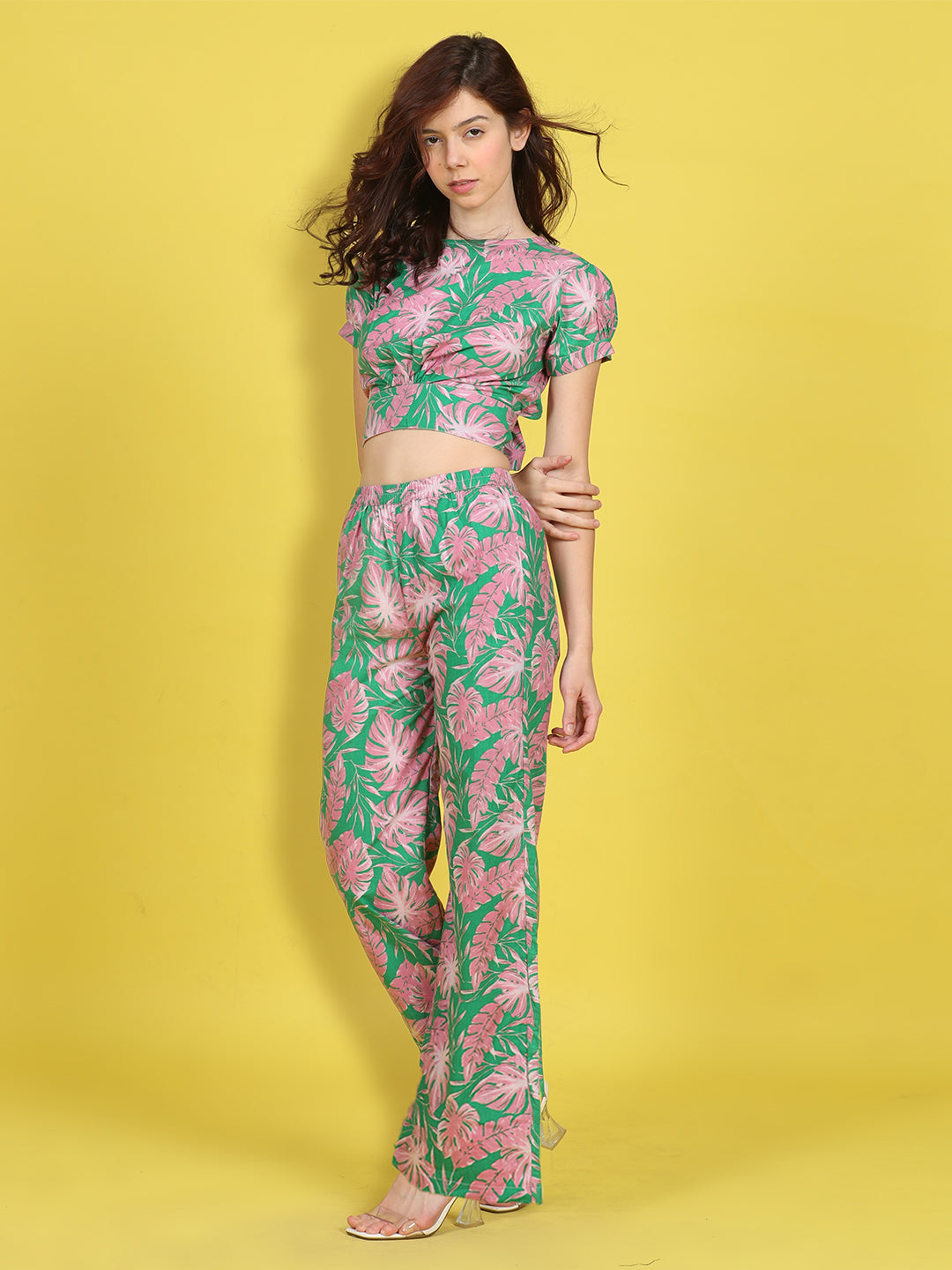 Cutiekins Girls Trendy Bold Style Printed Top & Palazzo Co-ord Set -Green & Pink