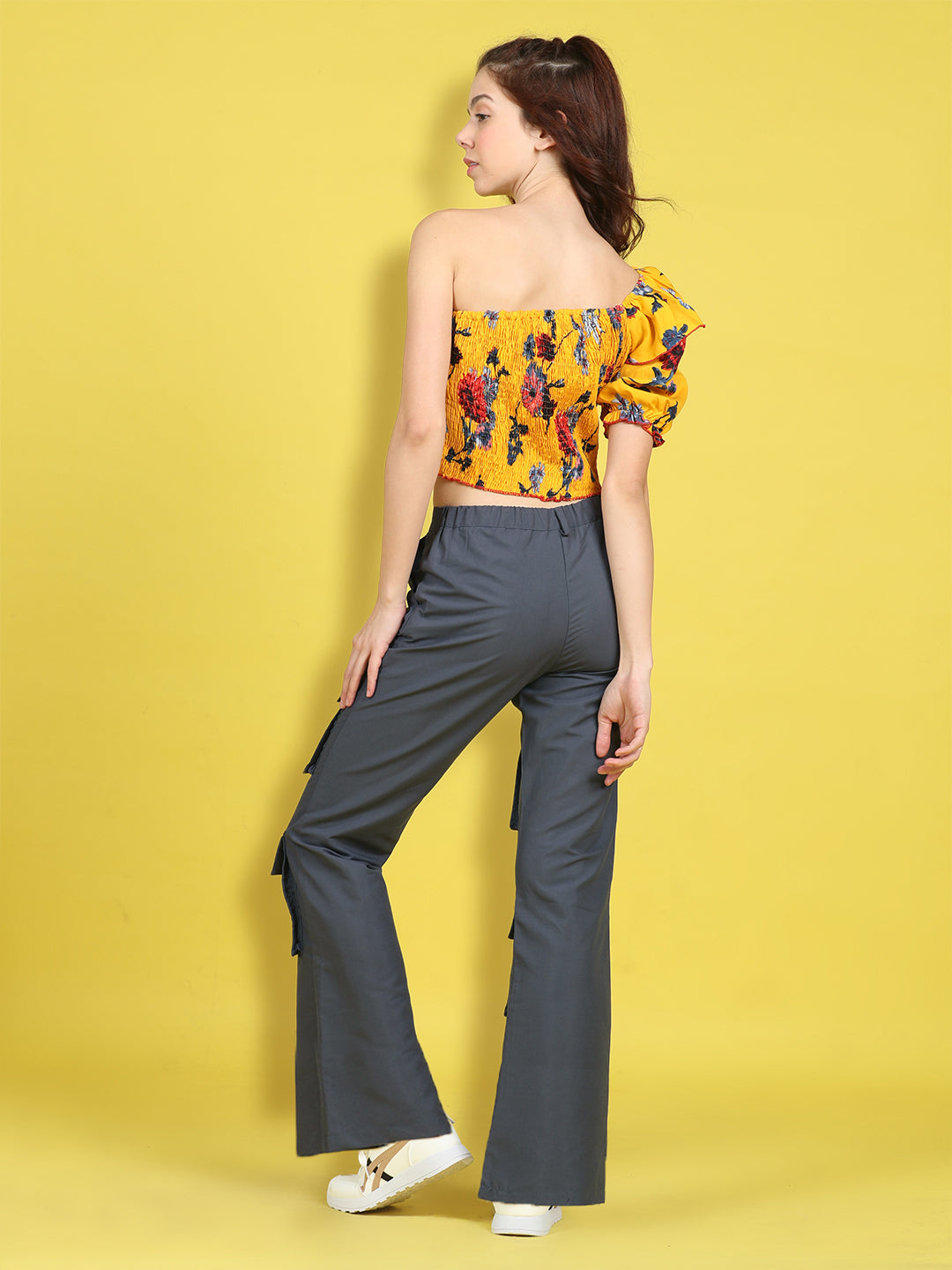 Cutiekins Girls Trendy Bold Look Crop Top With Solid Cargo -Mustard & Dark Gray