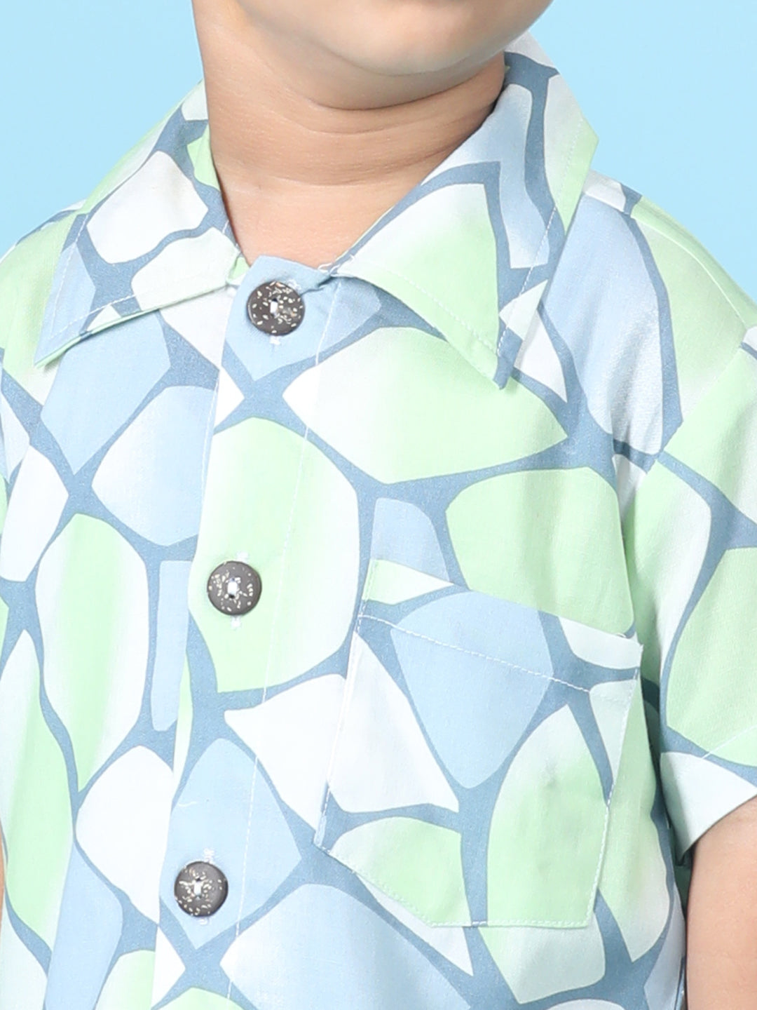 Cutiekins Boys Abstract Print Shirt With Solid Denim Short -Lime & Steel Blue