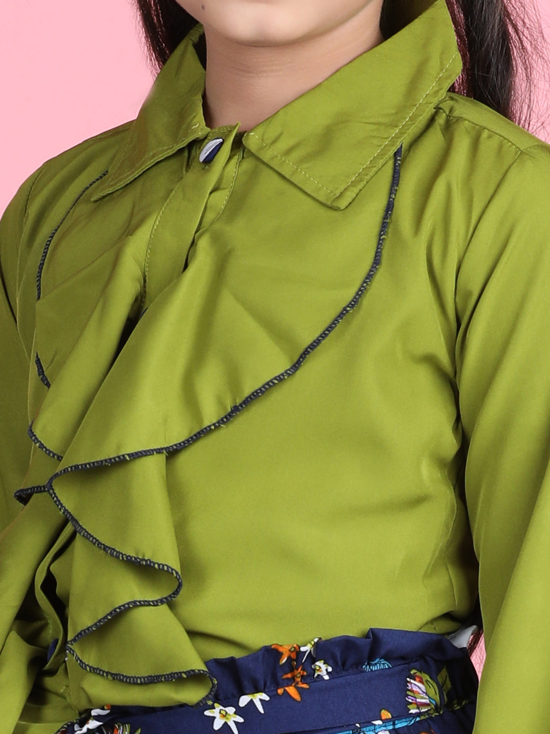 Cutiekins Polyester Solid Top & Printed Palazzos Set -Green & Navy Blue