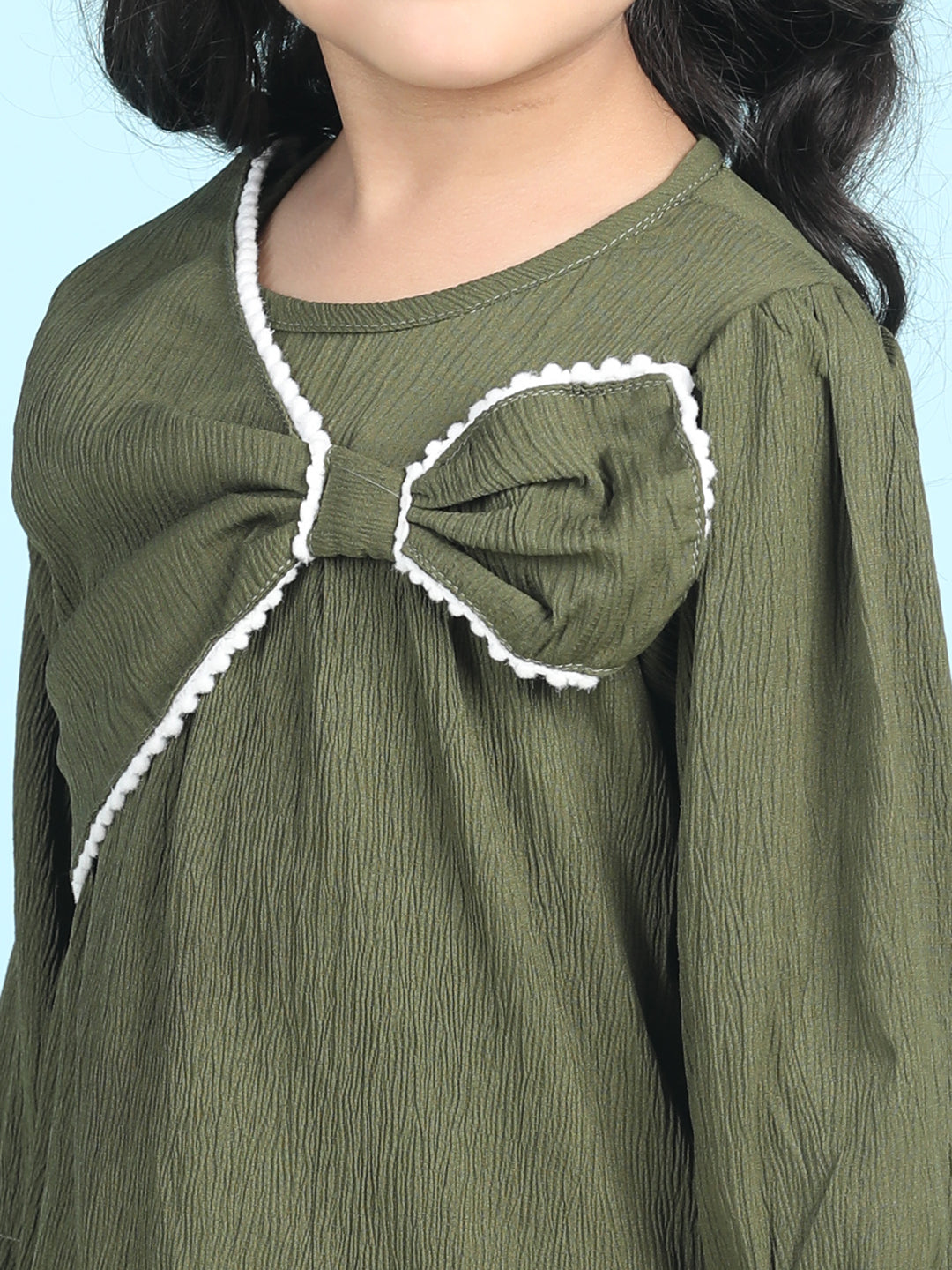 Cutiekins Girls Trendy & Stylish Solid Dress -Olive Green & Off White