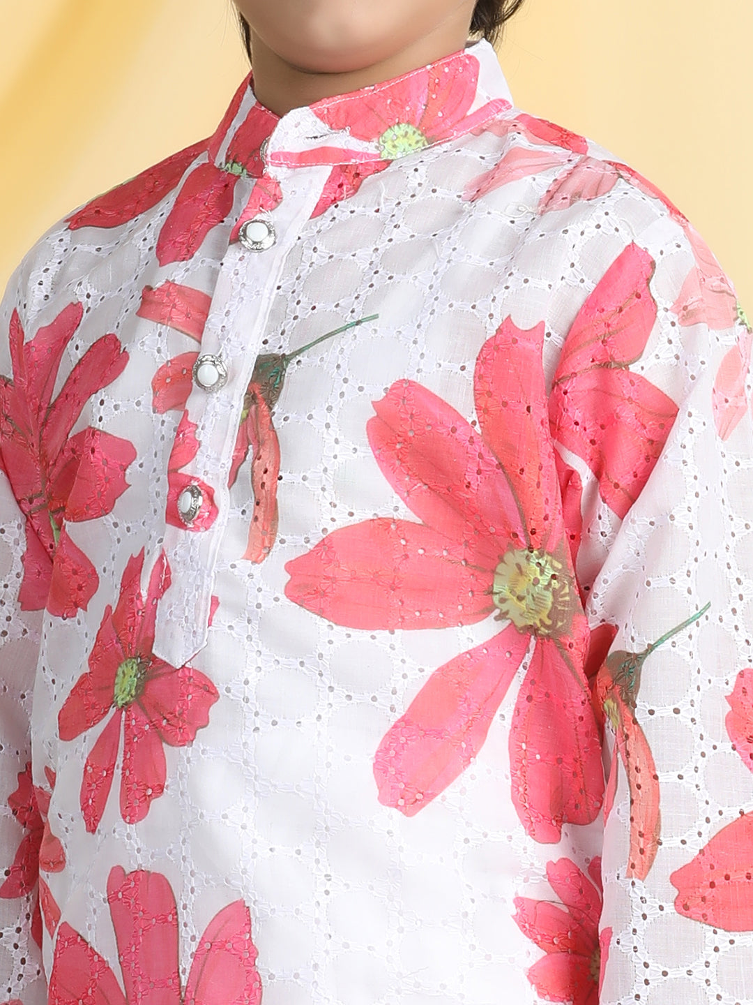Cutiekins Boys Floral Print Mandarin Collar Kurta with Dhoti -White & Red