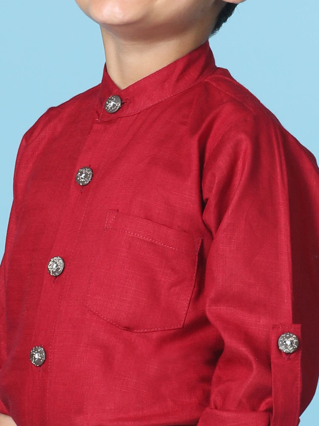Cutiekins Boys Solid Shirt With Solid Denim Short -Maroon & White