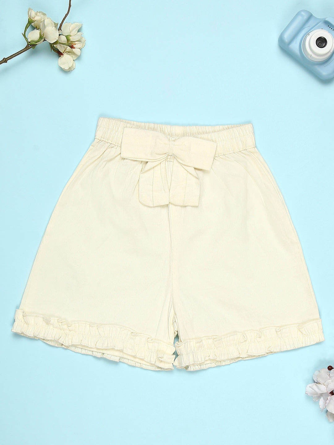 Cutiekins Girls Graphic Print T-Shirt With Solid Embellished Bow Short -Mehandi Green & Cream