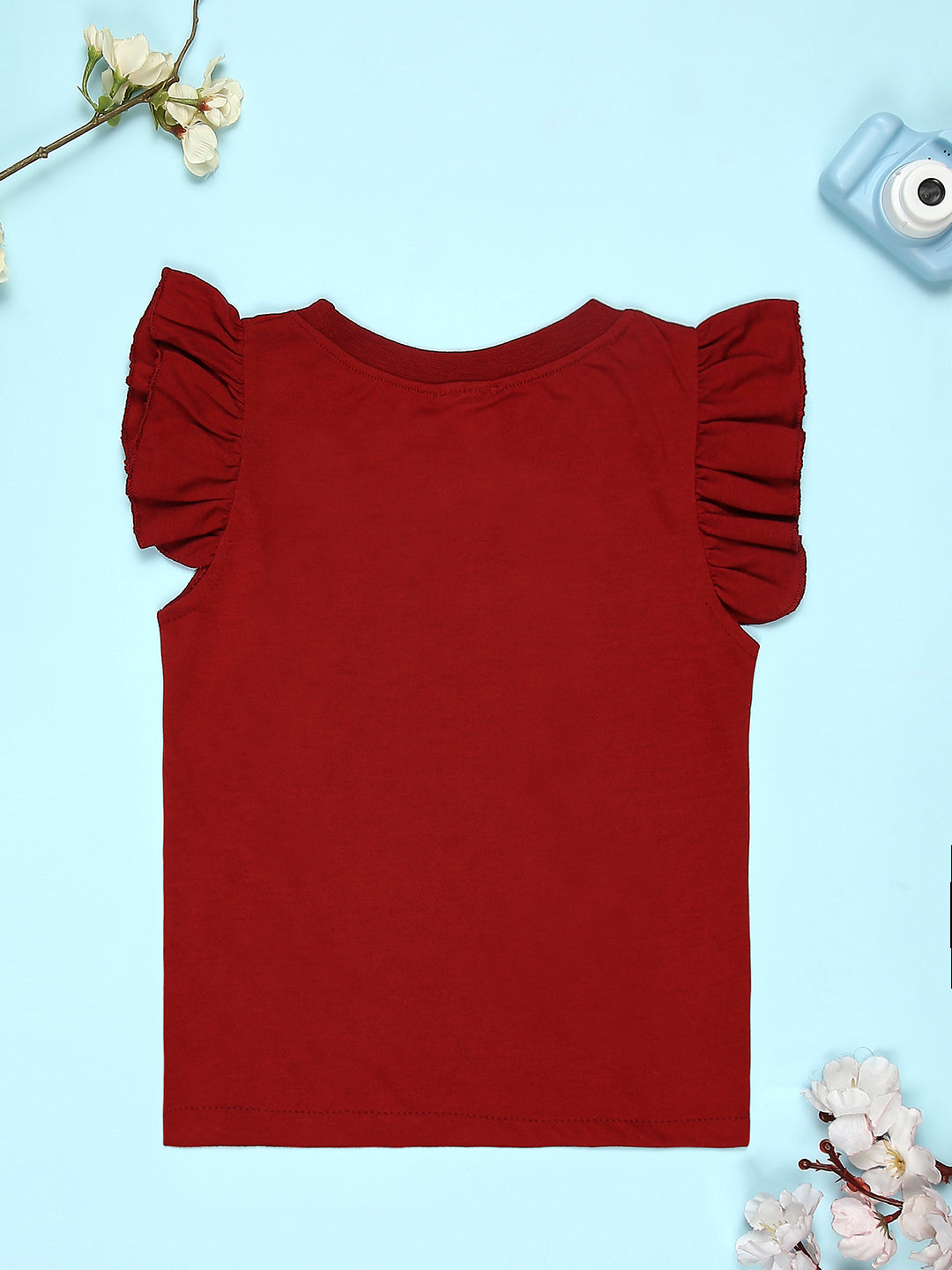 Cutiekins Girls Graphic Print T-Shirt With Solid Embellished Bow Short -Maroon & Navy Blue