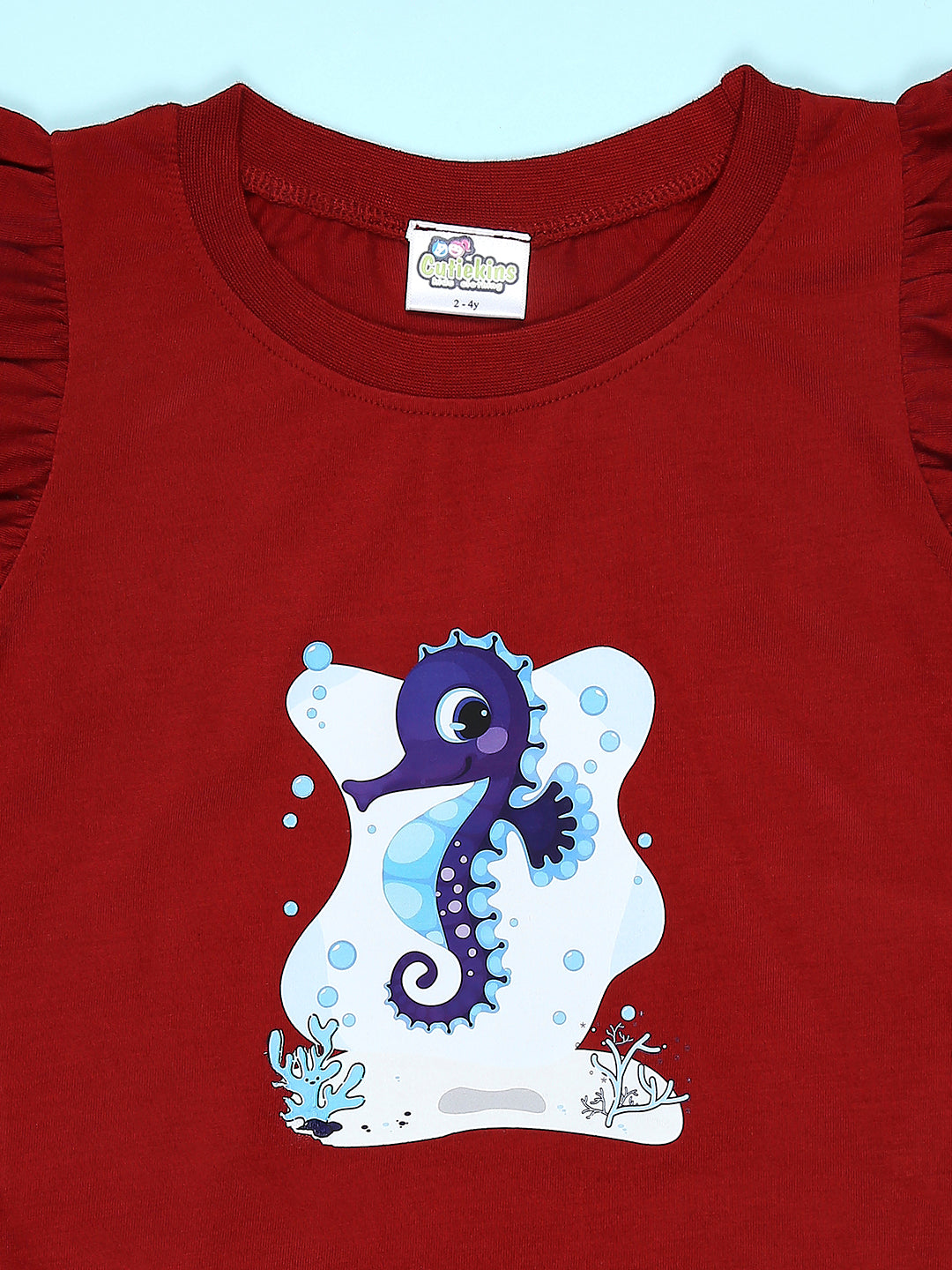 Cutiekins Girls Graphic Print T-Shirt With Solid Embellished Bow Short -Maroon & Navy Blue