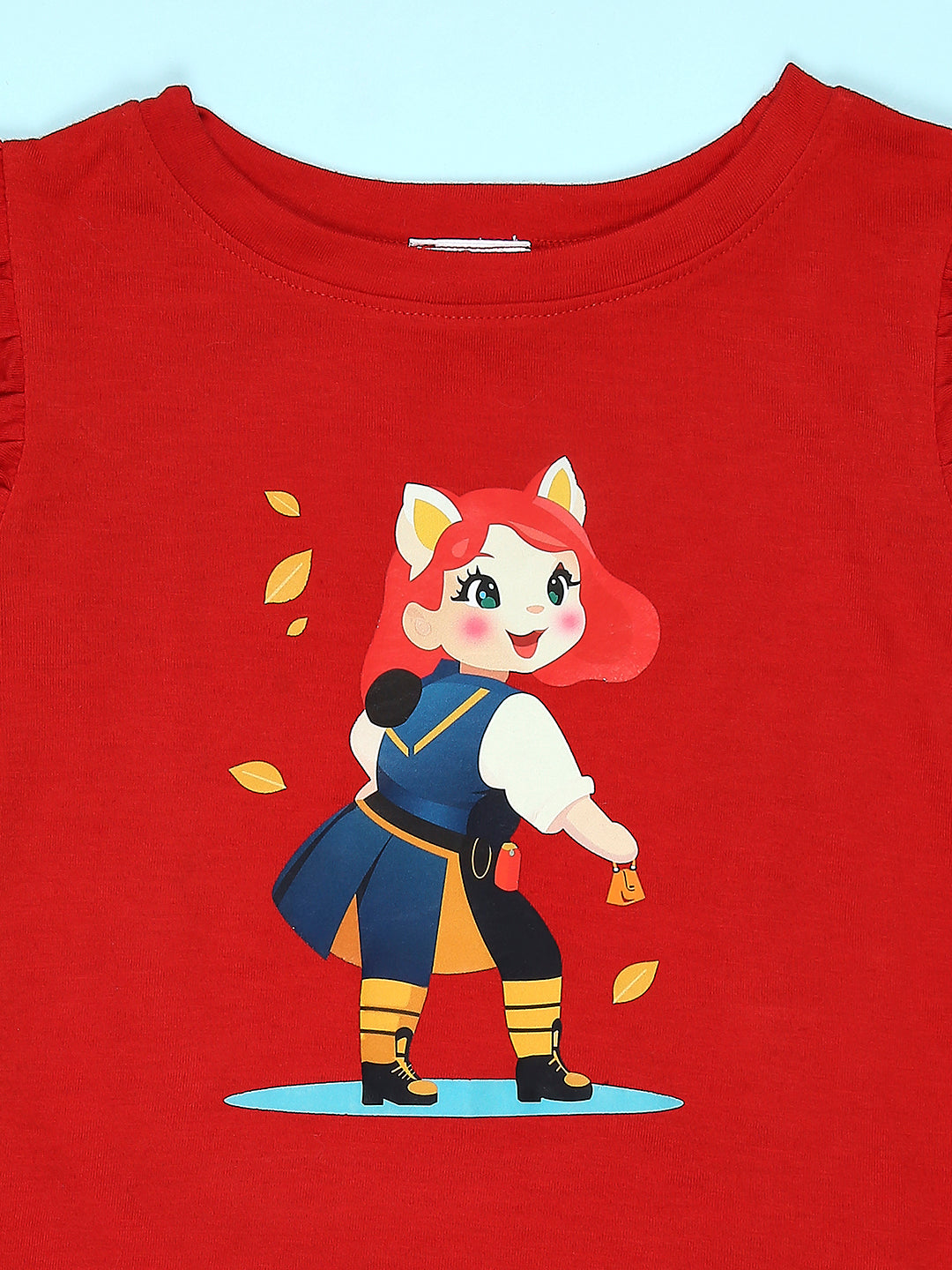 Cutiekins Girls Graphic Print T-Shirt With Solid Embellished Bow Short -Red & Navy Blue