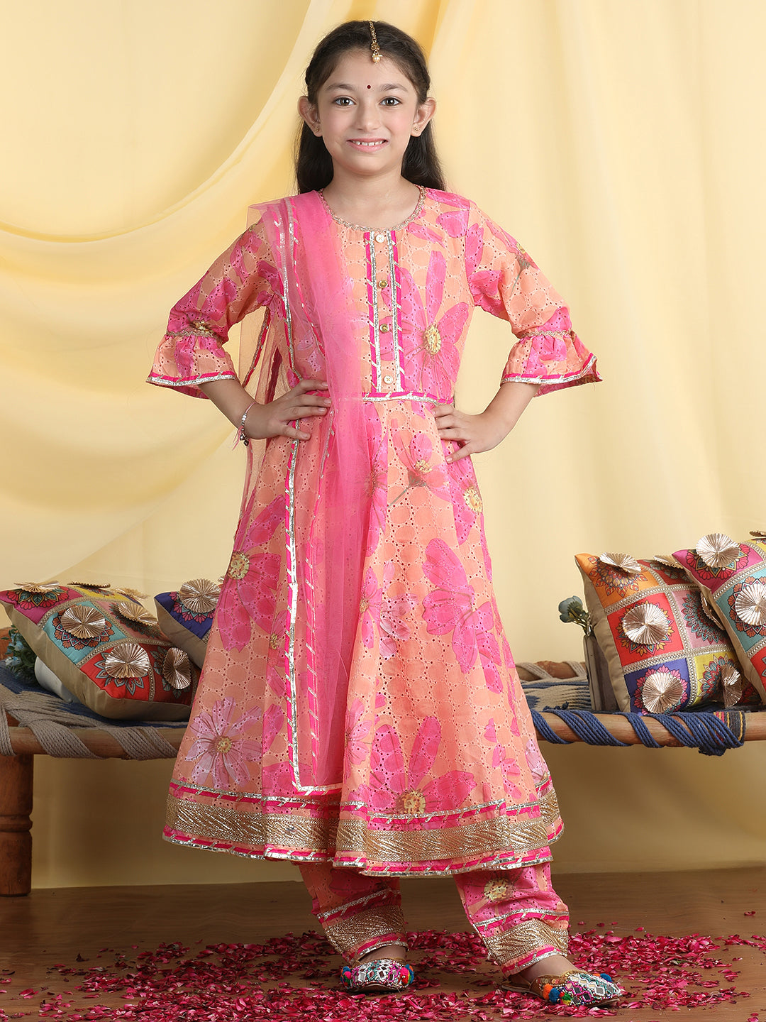 Girls Floral Embroidered Empire Gotta Patti Kurta with Palazzos & Dupatta -Orange & Pink