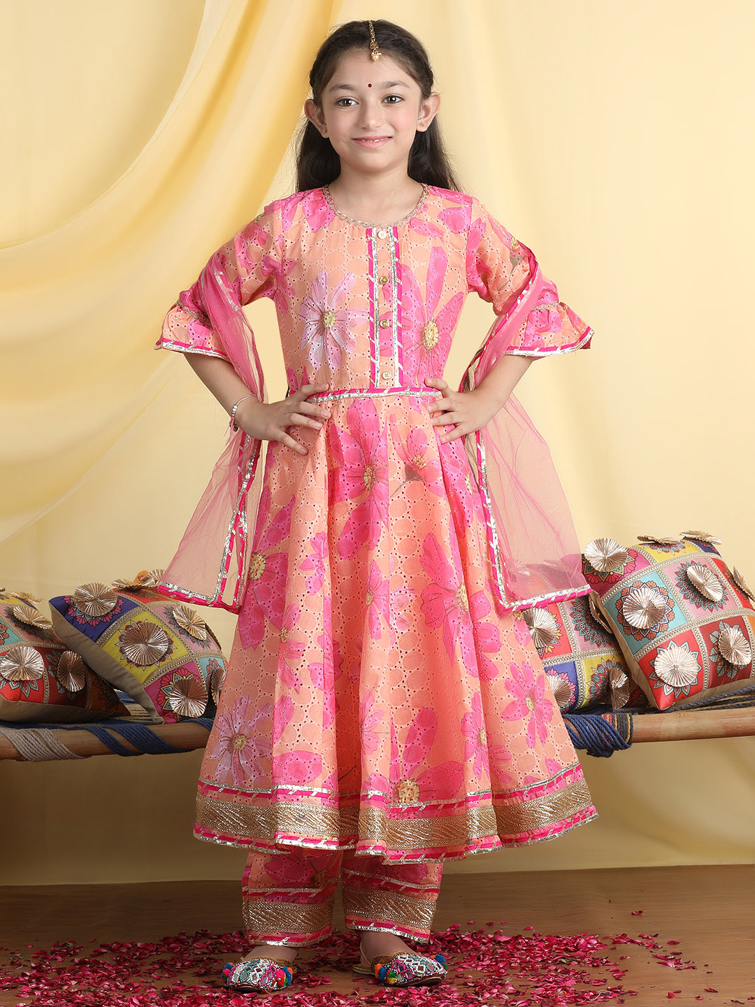 Girls Floral Embroidered Empire Gotta Patti Kurta with Palazzos & Dupatta -Orange & Pink