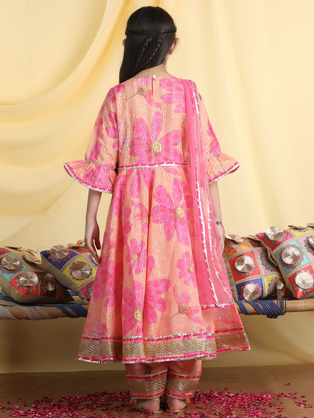 Girls Floral Embroidered Empire Gotta Patti Kurta with Palazzos & Dupatta -Orange & Pink