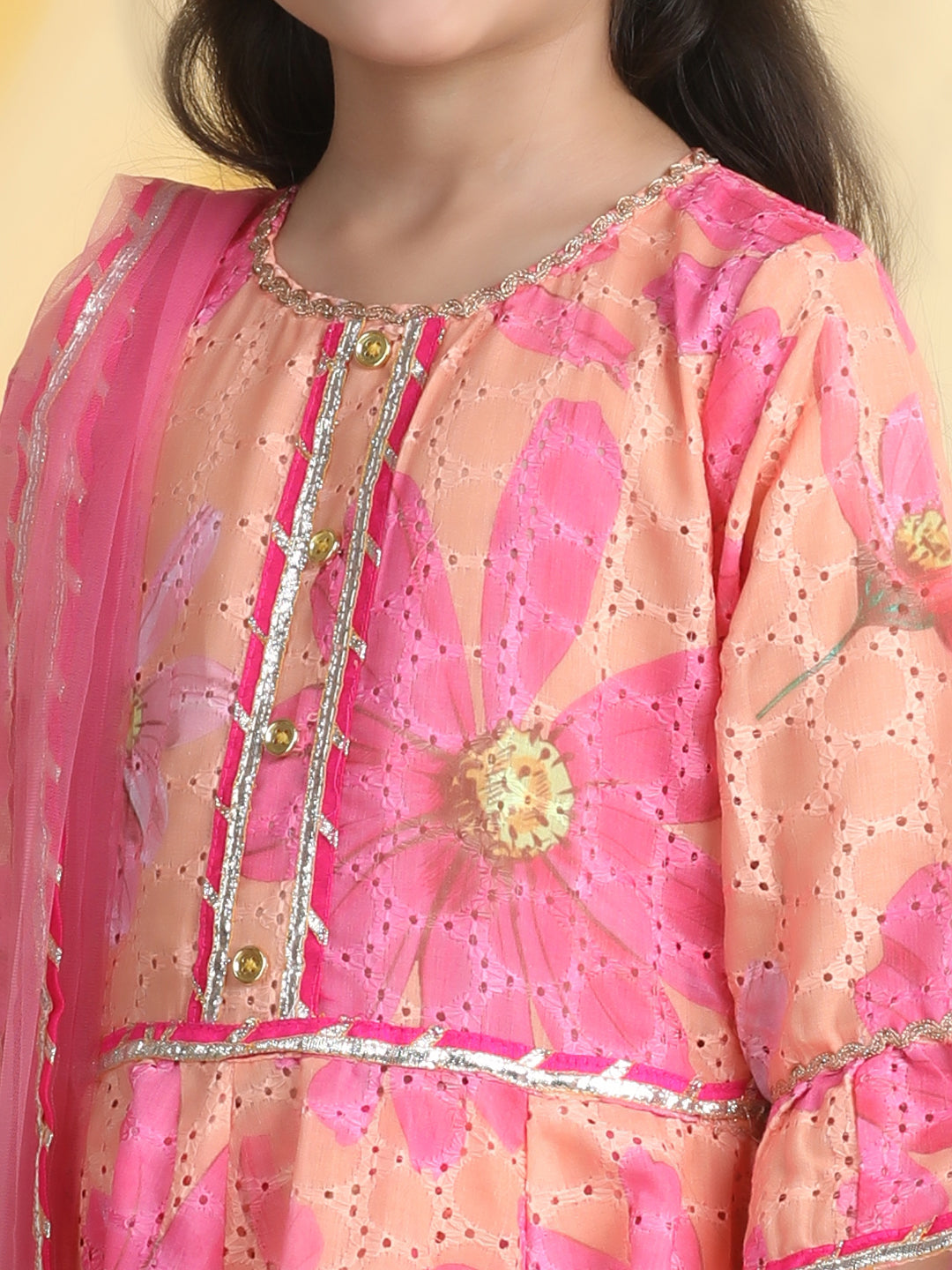 Girls Floral Embroidered Empire Gotta Patti Kurta with Palazzos & Dupatta -Orange & Pink