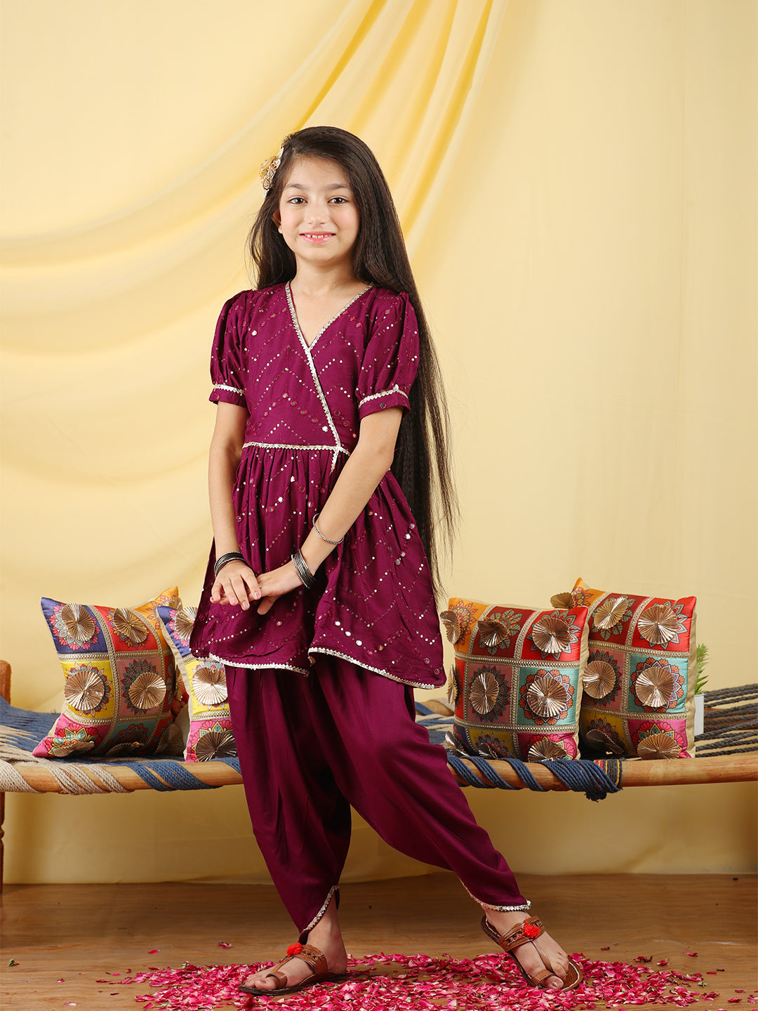 Cutiekins Girls Embroidered Mirror Work Angrakha Kurta & Dhoti -Wine & Gold