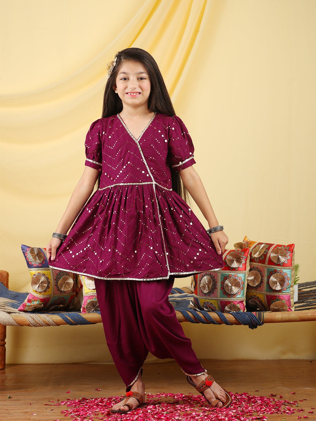 Cutiekins Girls Embroidered Mirror Work Angrakha Kurta & Dhoti -Wine & Gold