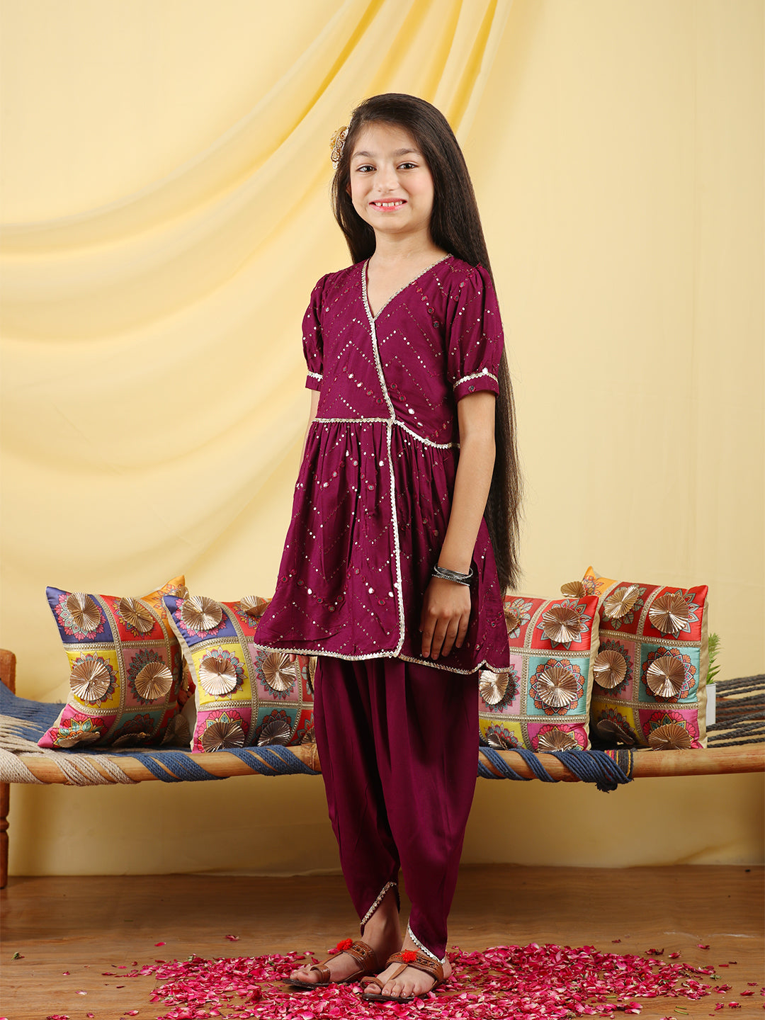 Cutiekins Girls Embroidered Mirror Work Angrakha Kurta & Dhoti -Wine & Gold
